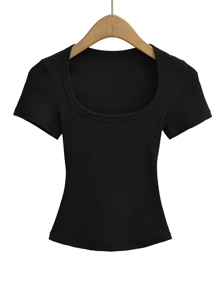 Summer square neck high elasticity crop top women's short sleeved sexy top slim fit pullover base shirt - Matrix-studios.com