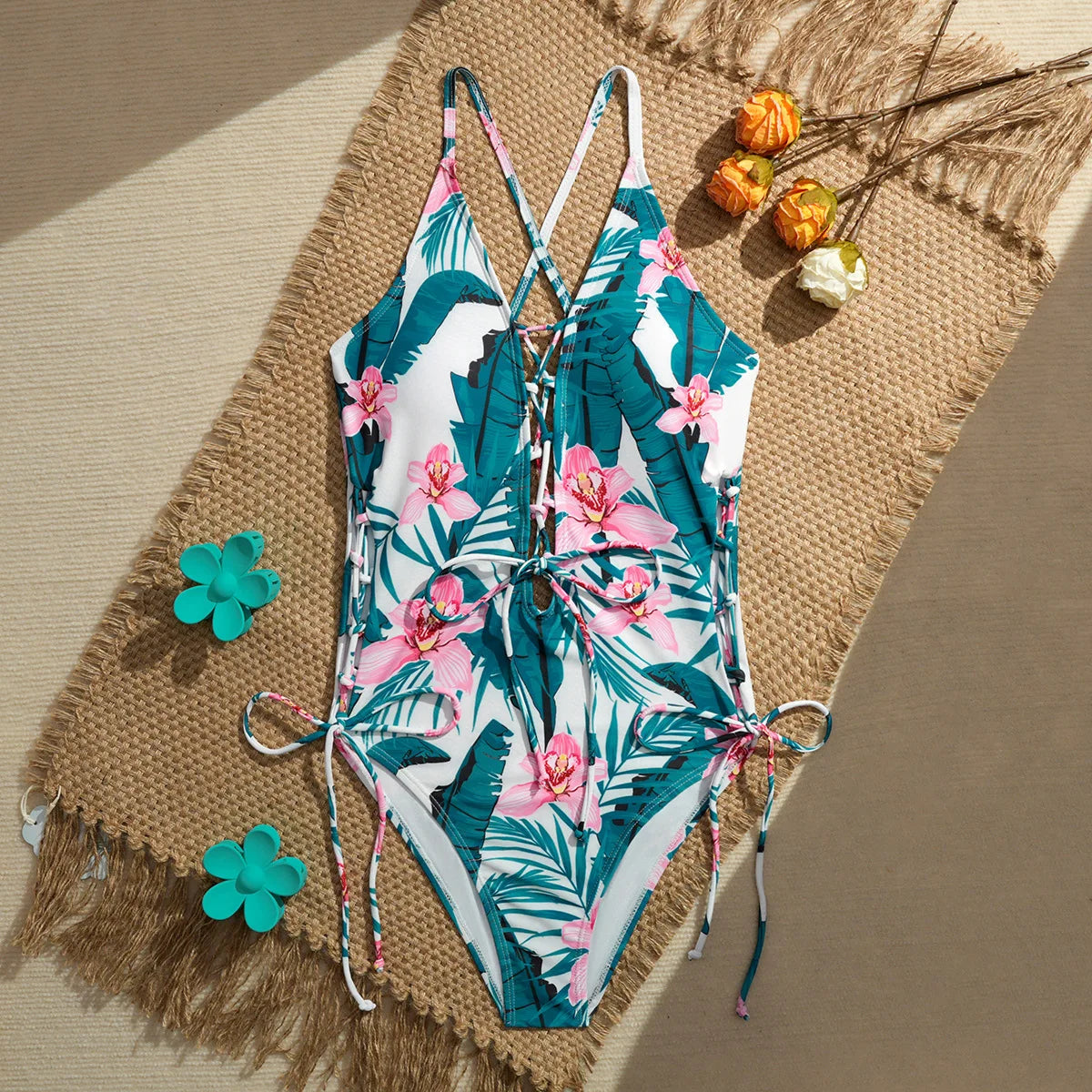 Printed Flower Tankini Set  Girl Swimwear Adjustable Strap Vest Bra Female Flower Shorts Bikini Drawstring Women Beach Set - Matrix-studios.com