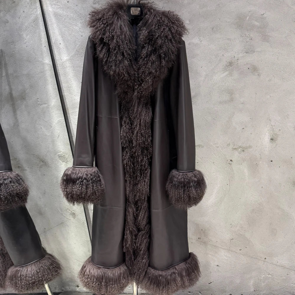 Suede Coat Fur Collar Women Autumn Genuine Sheepskin Coat Long with Mongfolian Fur Trim - Matrix Studios