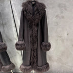 Suede Coat Fur Collar Women Autumn Genuine Sheepskin Coat Long with Mongfolian Fur Trim - Matrix Studios