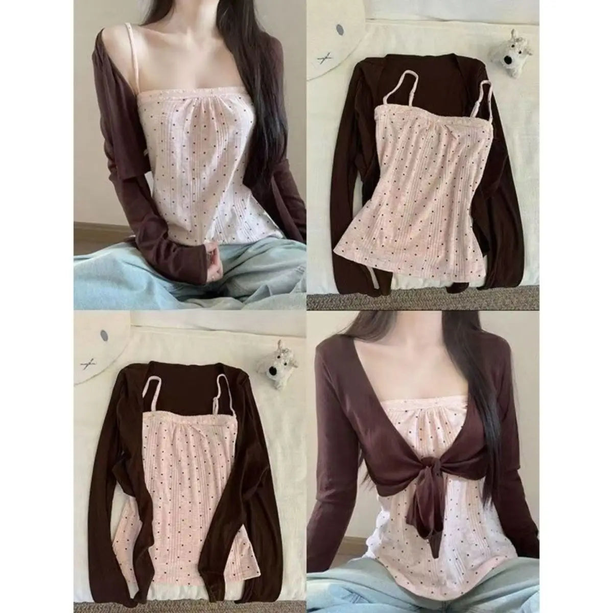 Korea Chic Gentle Women Sexy Knit Cardigan Spice Girls Elegant Slim Pure Desire Jumper Short Polka Dot Sling All-match Set Tanks - Matrix Studios