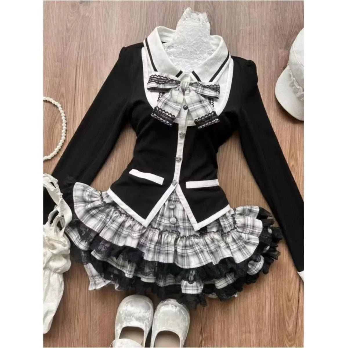 Sweet Lolita Vintage Suits Women Ruffles Cardigan + Sexy Y2k Corset Vest + Mini Skirts Autumn Korean Elegant 3 Piece Dress Sets - Matrix-studios.com