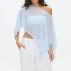 Womens Sheer Mesh Poncho Y2k Loose Solid Boat Neck Irregular Shrug Trendy Casual See Through Off Shoulder Beach Coverup Top New - Matrix Studios