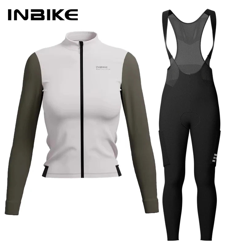 INBIKE Warm Thermal Cycling Jersey Set for Women Comfortable Fleece Road Bike Bib Pants Windproof Road MTB Clothing with Pockets - Matrix-studios.com