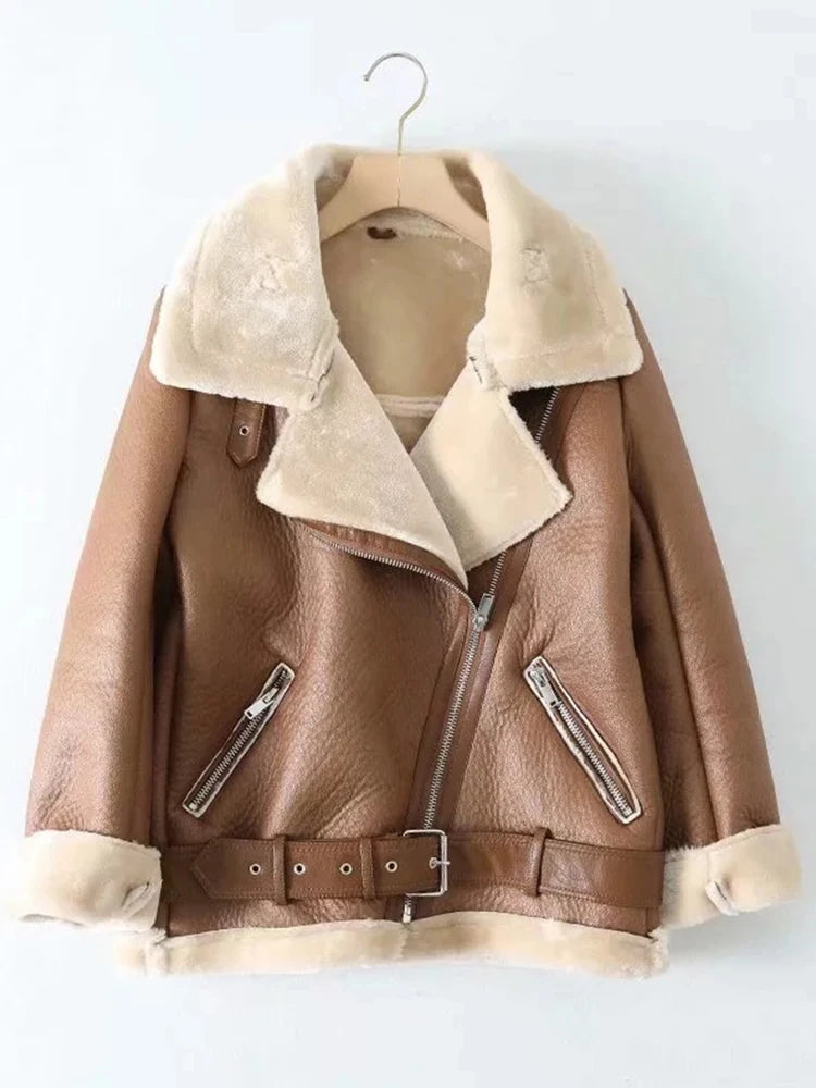 Ailegogo Winter Coats Women Thickness Faux Leather Fur Sheepskin Female Fur Leather Jacket Aviator Outwear Casaco Feminino - Matrix Studios
