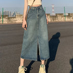Summer New High-waist Slit Denim Skirt For Women Washed Retro A- line Skirt Hip-covering Straight Long Skirt - Matrix-studios.com