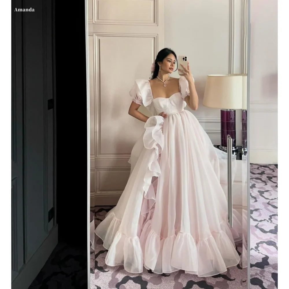 Amanda Customized Pink Strapless Square Collar Prom Dresses A-line Organza vestidos de noche Floor-Length Formal Evening 2025 - Matrix Studios