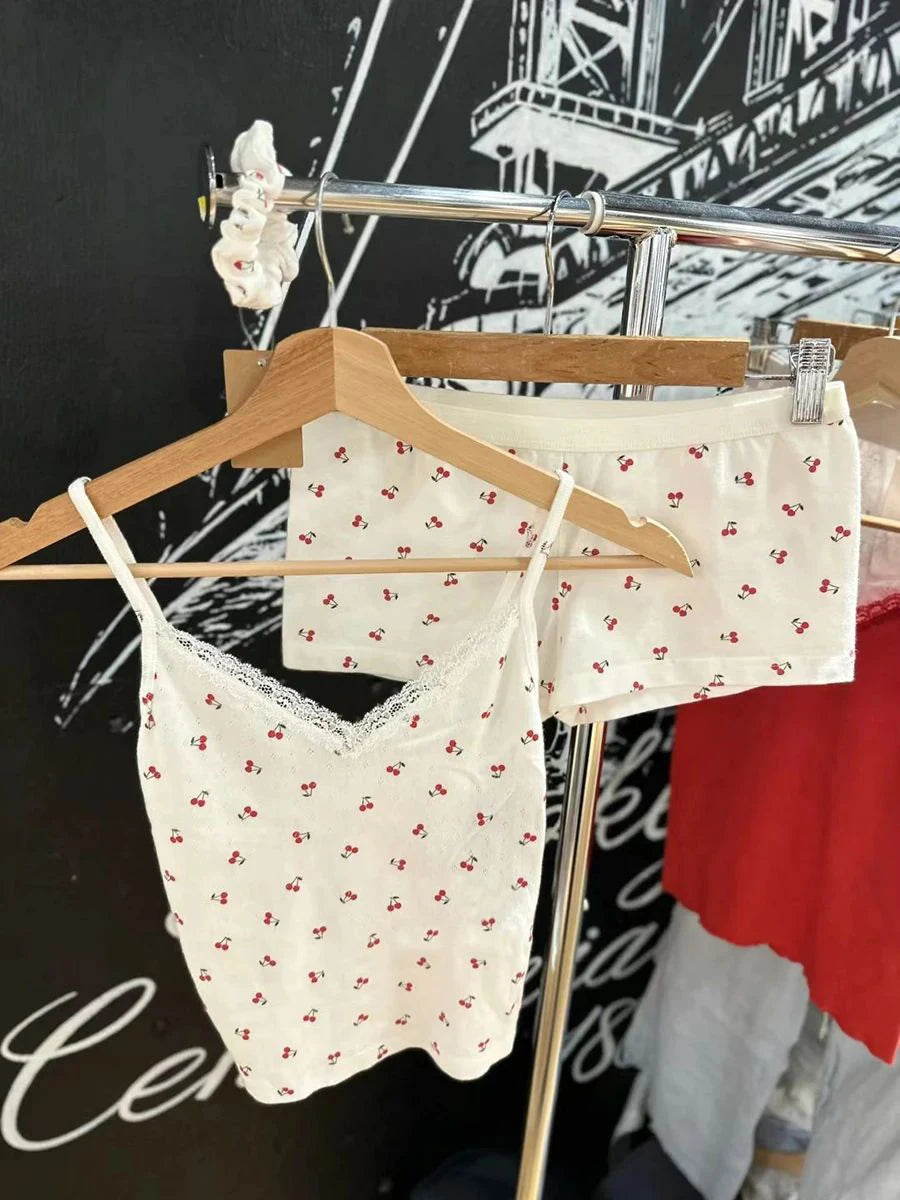 Strawberry Vest Shorts 2 Pieces Set Woman Eyelet Bow Slim Tank Top with Elastic Waist Patchwork Straight Short Pant Sweet Sets - Matrix-studios.com