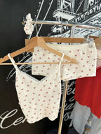 Strawberry Vest Shorts 2 Pieces Set Woman Eyelet Bow Slim Tank Top with Elastic Waist Patchwork Straight Short Pant Sweet Sets - Matrix-studios.com