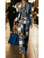 Women's Three Piece Patchwork Printed Lapel Blazer Vest Wide Leg Pants For Business Dinner Street Fashion Occasions - Matrix-studios.com