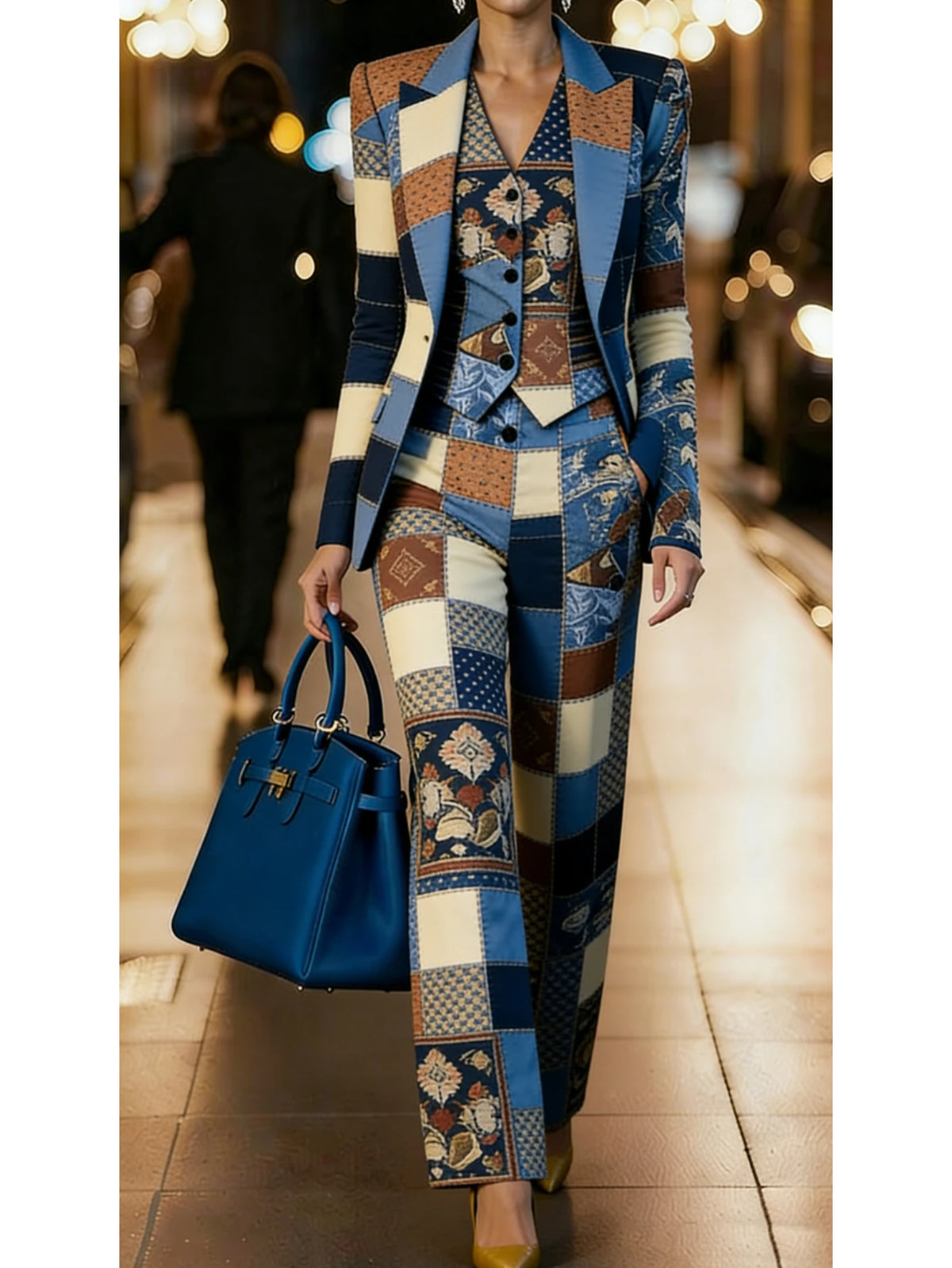 Women's Three Piece Patchwork Printed Lapel Blazer Vest Wide Leg Pants For Business Dinner Street Fashion Occasions - Matrix-studios.com