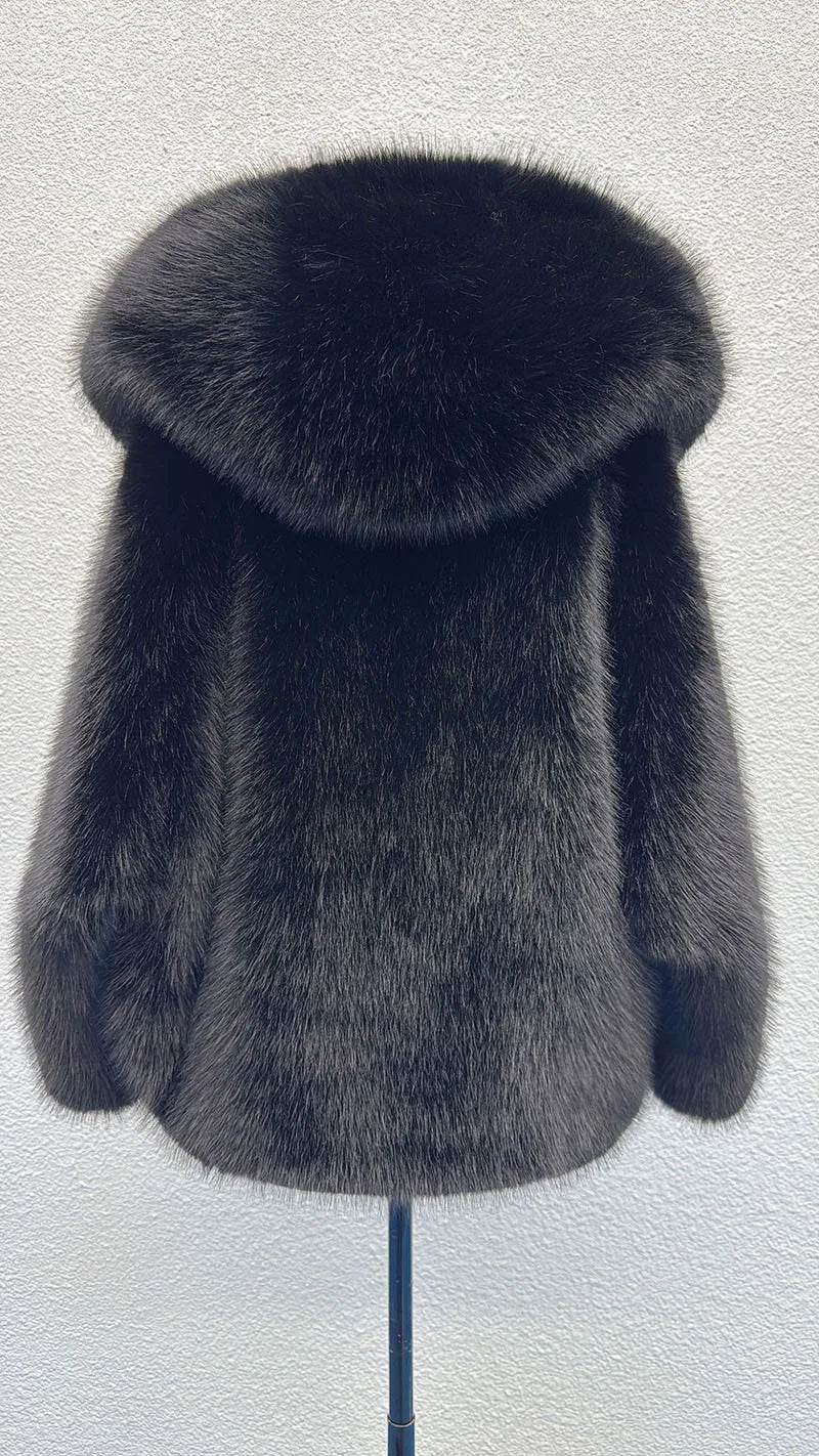 2026 Autumn Winter Women Faux Fur Short Coats Solid Hooded Jackets Long Sleeves Covered Button Thick Office Lady OVERCOAT - Matrix Studios