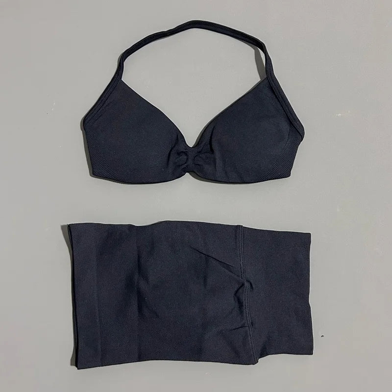 HISTELLO Gym Set 2 Piece Women Strappy Yoga Bra Top Workout Scrunch Shorts Sports Suit Fitness Clothes Seamless Yoga Set - Matrix-studios.com