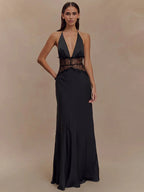Mozision Summer Backless Sexy Maxi Dress Women Gown Patchwork Lace Halter Deep V Neck Sleeveless High Waist Elegant Long Dress - Matrix-studios.com