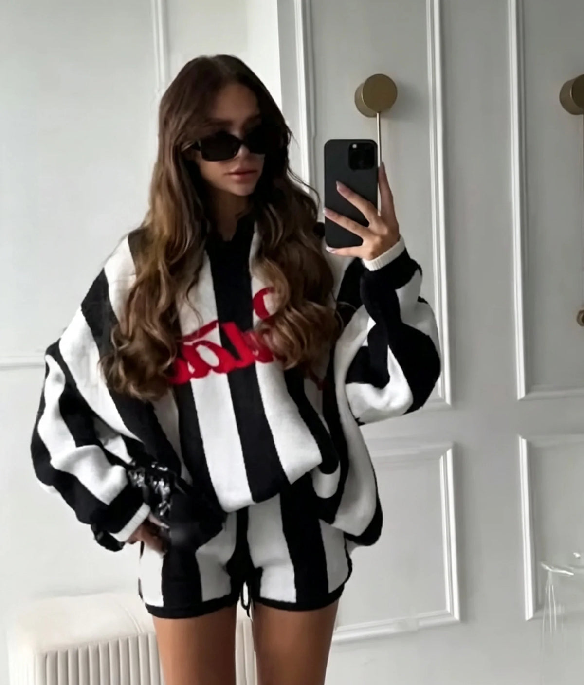 Women Striped Letter Jacquard Knit Set V Neck Loose Knit Sweater Top Casual Shorts Street Matching Set Ladies Sweater Outfit