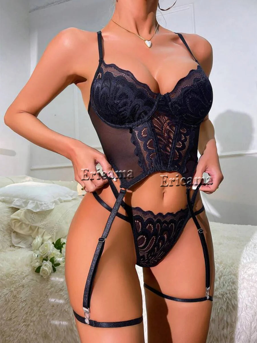 Floral Lace Garter Lingerie Set With Choker Women Intimates 2024 Underwire Bra And Thongs Ladies Underwear Set - Matrix-studios.com