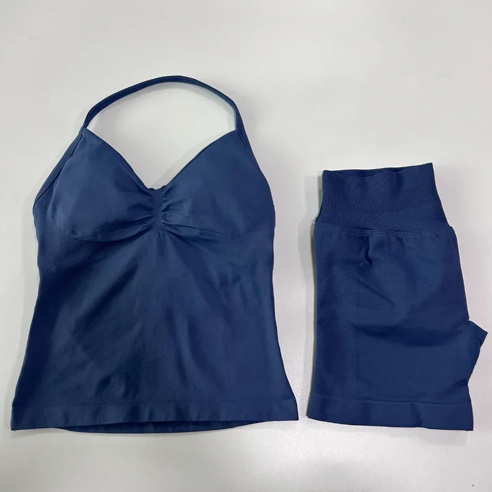 No Logo 2 Pieces Sports Set Women Backless Tank Tops High Waist Scrunch Seamless Shorts Gym Set Sportswear Workout Set Yoga - Matrix-studios.com