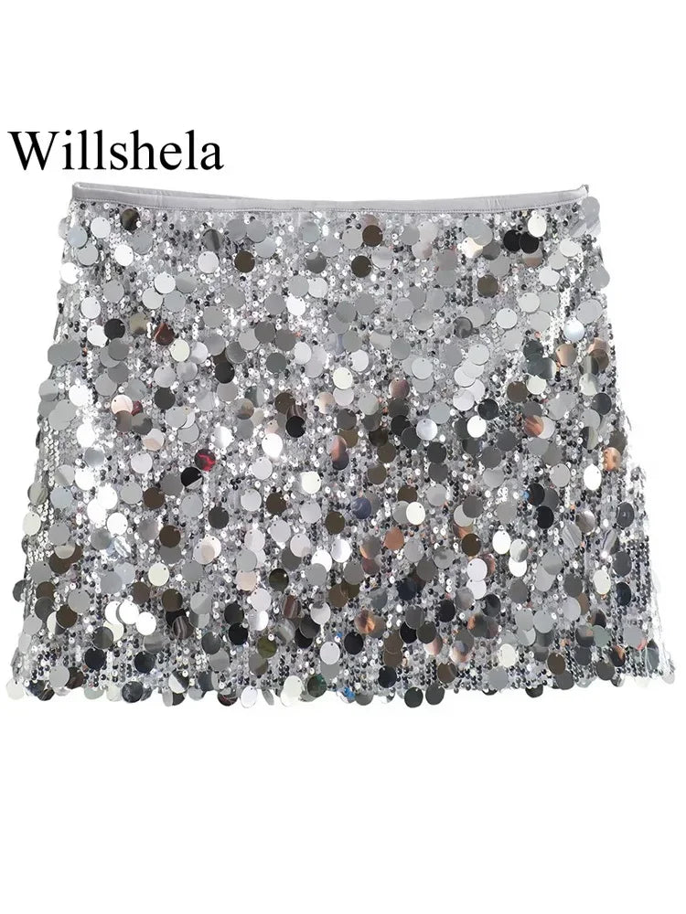 Willshela Women Fashion With Sequined Solid Side Zipper Mini Skirt Vintage High Waist Female Chic Lady Skirts - Matrix-studios.com