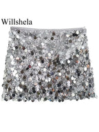 Willshela Women Fashion With Sequined Solid Side Zipper Mini Skirt Vintage High Waist Female Chic Lady Skirts - Matrix-studios.com