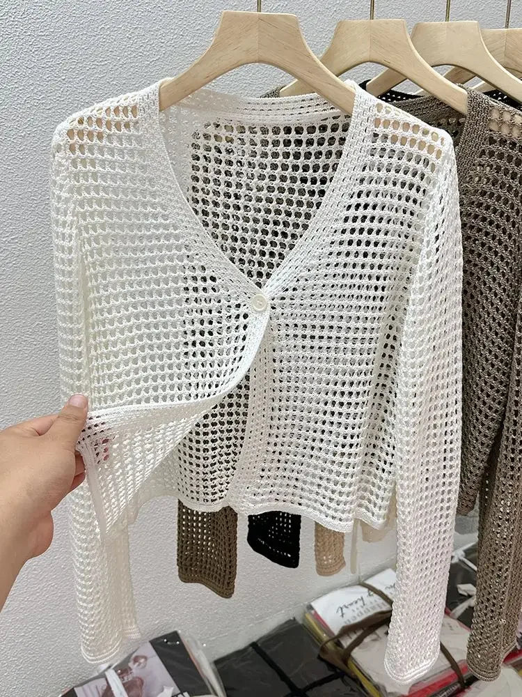 Single Button Crochet Mesh Cardigan for Women Semi Sheer Openwork Sunscreen Jacket Cover Up Summer Hollow-out Knitted Cardigan - Matrix Studios