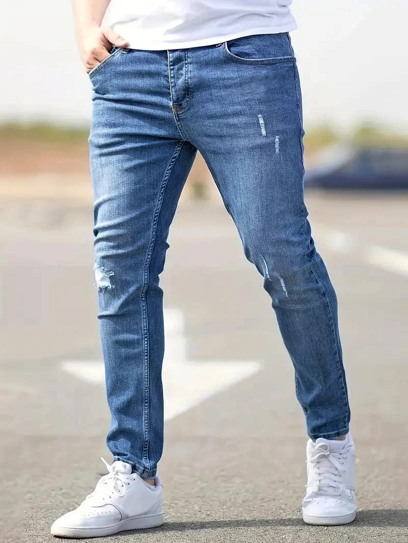 Men's American Retro Hole-Punched Stretch Slim Fit Jeans Zipper Casual Streetwear Denim Pants Classic Black Blue Skinny Trousers - Matrix Studios