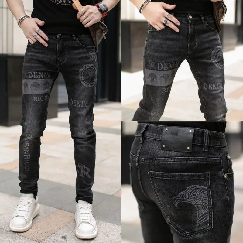 High End Stylish Classic Distinctive Printed Black Stretch Denim Jeans for Men High Quality Slim Fit Stretch Luxury Denim Pants - Matrix Studios