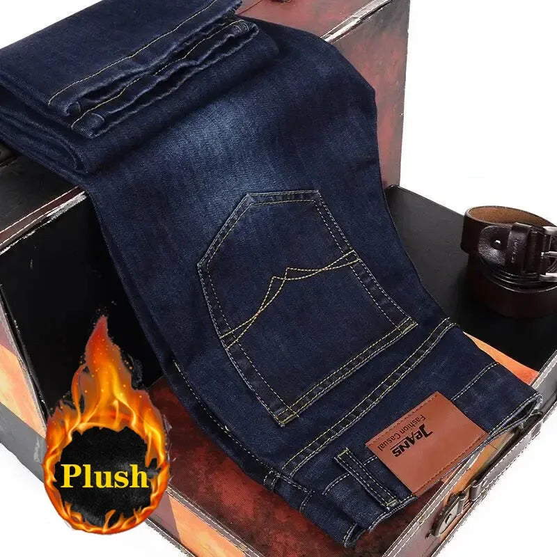 2025 New Business Casual Trousers Grey Fleece Men Clothes Black Blue Elasticity Warm Winter Jeans Velvet Jeans 28-40 - Matrix Studios