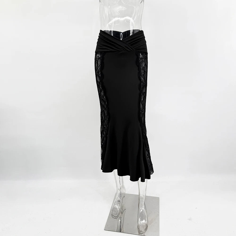 Ticketsx Sexy Lace Dress Set Women Fashion V-Neck See-Through Patchwork Pleated Slim Skirts Set Elegant Party Evening Dress Set - Matrix-studios.com