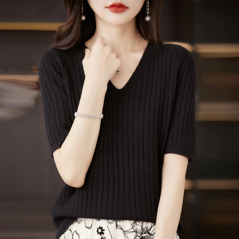 Women's Sweater Spring Summer Short Sleeve V-neck Knit Shirt Casual Korean Pullovers Stripe Bottoming Shirt Slim Fit Jumpers - Matrix Studios