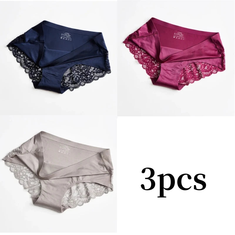 3pcs Lace Women's Panties French Seamless Underwear Female Ice Silk Briefs Solid Color Breathable Underpants Lingerie - Matrix Studios