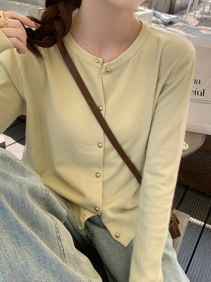 Solid Color Knitted for Women Cardigan Korean Single Breasted Long Sleeve Jumper Woman Round Neck All Match Cardigans Outwear - Matrix Studios