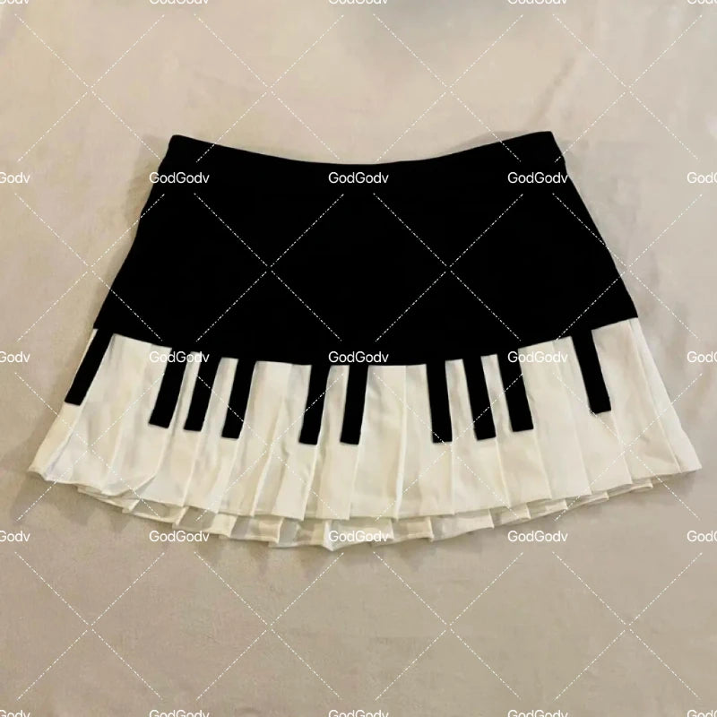 Spring Black White Spliced Women Short Skirt 2025 Y2k Slim Design Harajuku Mini Skirt Female Empire Korea Style Chic Piano Skirt - Matrix-studios.com