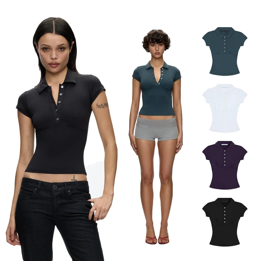Tank Polo Collar Short-Sleeve T-Shirt, Slim-Fit Waist-Cinching Style, Slimming Hot Girl Style Crop Top, High-Elastic Slim-Fit Waist-Cinching Polo Shirt, Hot Girl Style for Layering or Wearing Alone - Matrix-studios.com