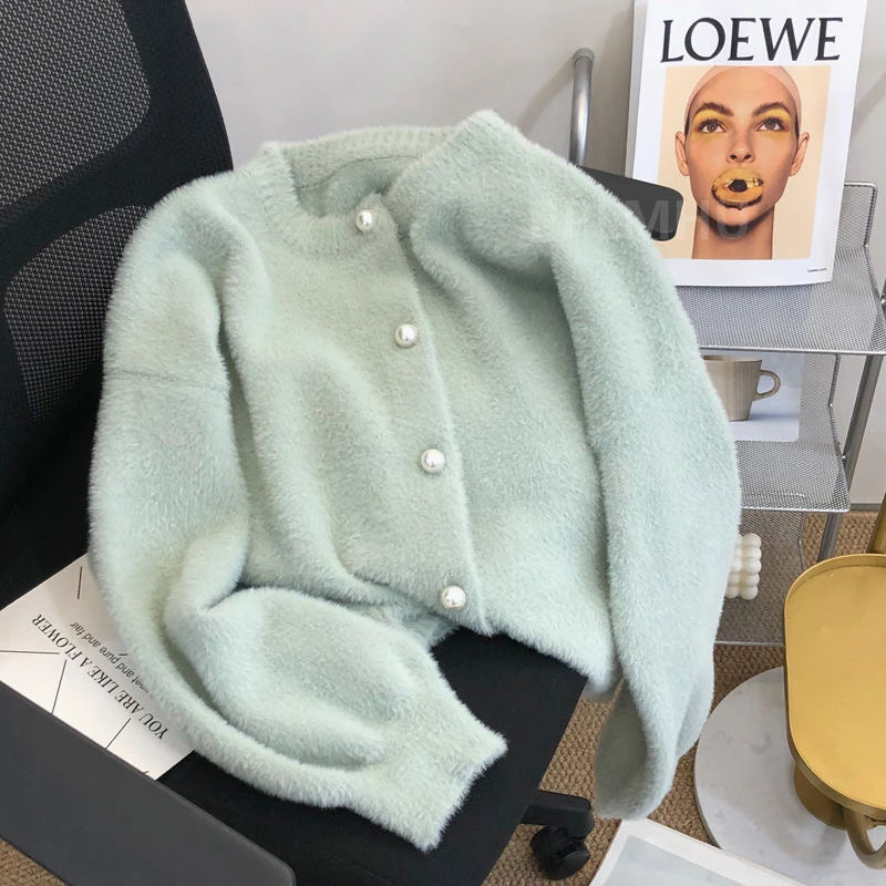 Imitation Mink Sweater Cardigan Women Korean Slim Plush Knit O-neck Short Tops Casual Knitwear Gilet Jackets Soft Malhas Coats - Matrix Studios