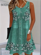 2025 Women Summer Sleeveless Bohemian Dress Fashion Imitate Cowboy Vest Flowers Print Dress Casual Tank Beach Dresses For Women - Matrix-studios.com