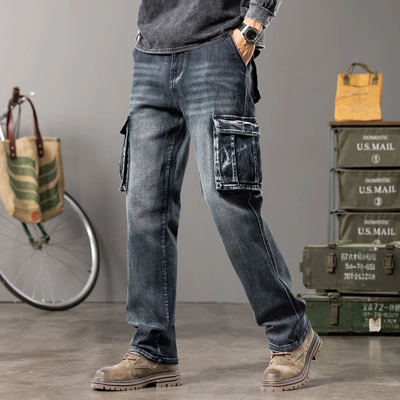 Autumn and winter new styles Men's Outdoor Wide Leg Workwear Multi-Pocket Jeans Straight fit plus size men's jeans  42 44 - Matrix Studios