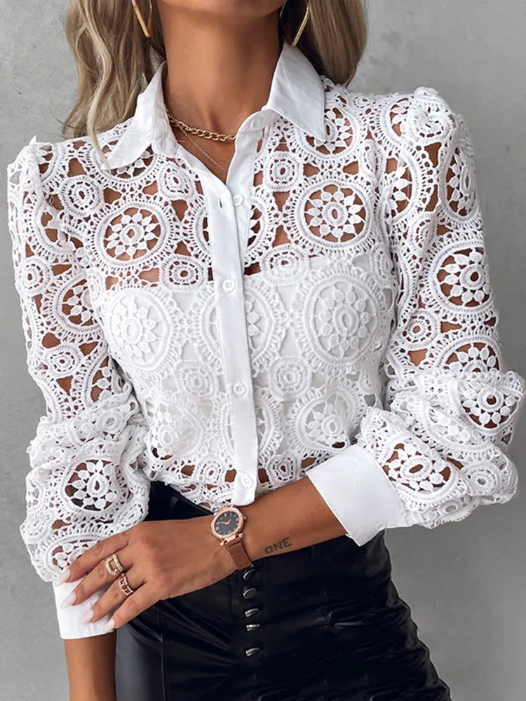 Lace Blouses For Women Elegant Office White Shirt Long Sleeve Button Turn-down Collar Sexy Hollow Tops Fashion Women's Clothing - Matrix-studios.com