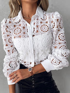 Lace Blouses For Women Elegant Office White Shirt Long Sleeve Button Turn-down Collar Sexy Hollow Tops Fashion Women's Clothing - Matrix-studios.com