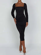 Autumn and Winter Women Sexy Bodycon Dress Square Neck Long Sleeved Ladies Evening Dresses - Matrix-studios.com