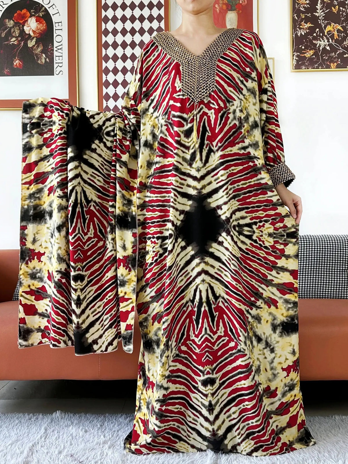 2026 Long Sleeve Embroidered V-Neck Cotton Women Loose Abaya Boho Maxi Dress Casual Fashion Dress African Vestidos - Matrix-studios.com