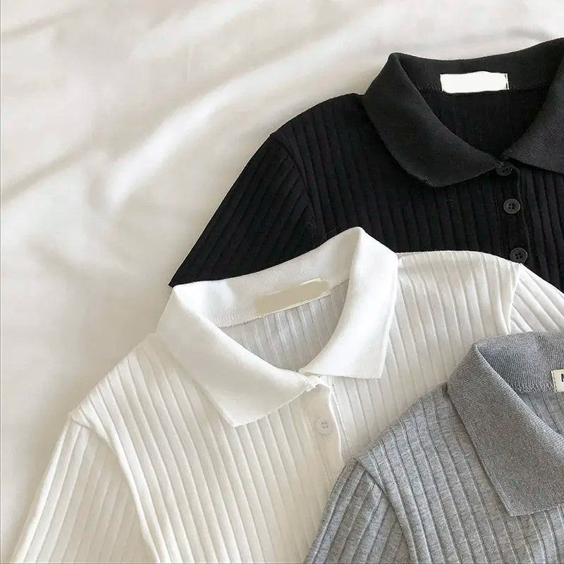 Preppy Knit Polo Neck Crop Top Women Summer Short Sleeve T-shirt Youthful Solid Color Female Basic Blouse Lady Pullover - Matrix-studios.com