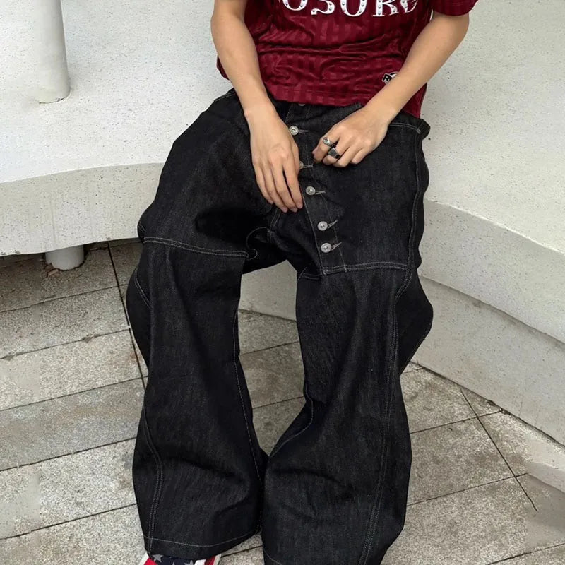 Korean High Street Buckle Curved Jeans Autumn Men'S Loose Straight Leg Pants Black Wide Leg Pants Casual Pants Hip-Hop Pants - Matrix Studios