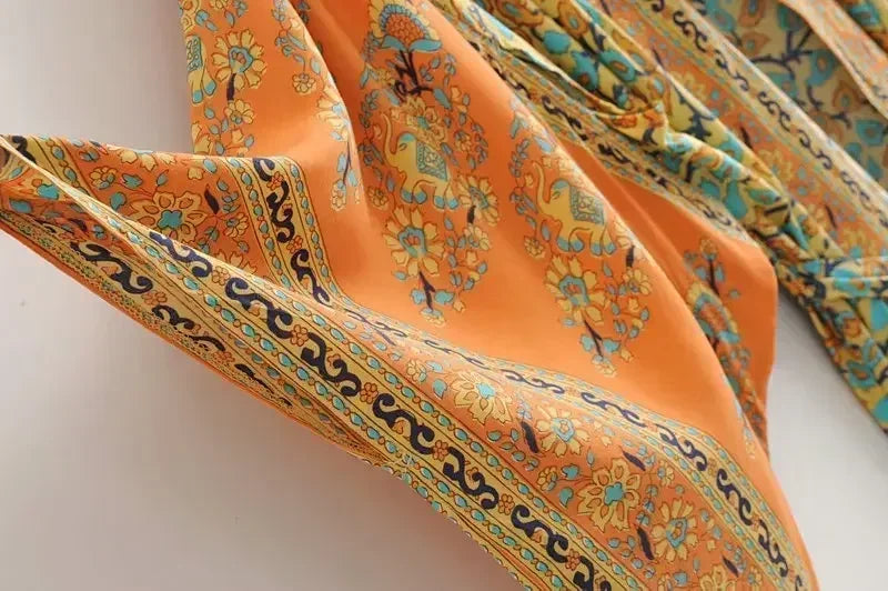 Boho Queens Women Yellow Floral Print Sashes  Kimono Ladies V Neck Batwing Sleeves Bohemian Maxi Dress Robe Cover-up - Matrix Studios