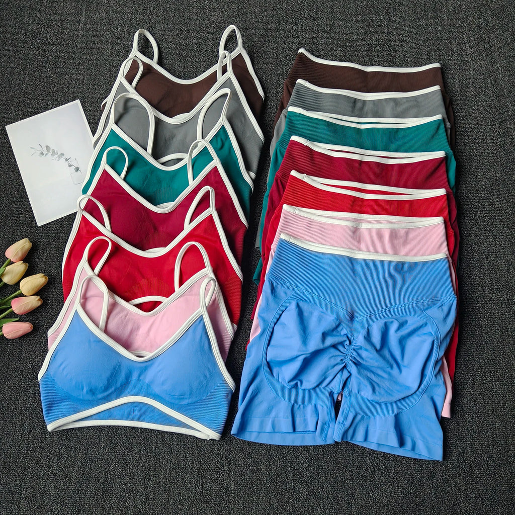 Peach Buttock Yoga Suit Women Gym Seamless Suspender Gathering Bra High Waist Hip Lifting Belly Tightening Shorts Fitness Set - Matrix-studios.com