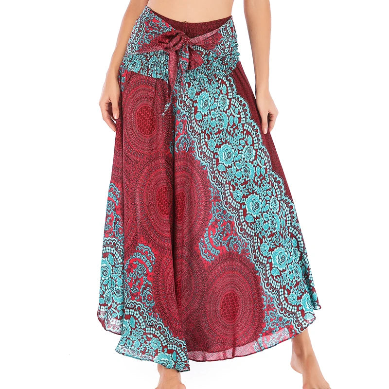 Boho Skirts Women Rayon Beach Long Dress Summer Bohemian Jupe Longue Femme Elastic Waist Print Floral Bandage Halter Hippie - Matrix Studios