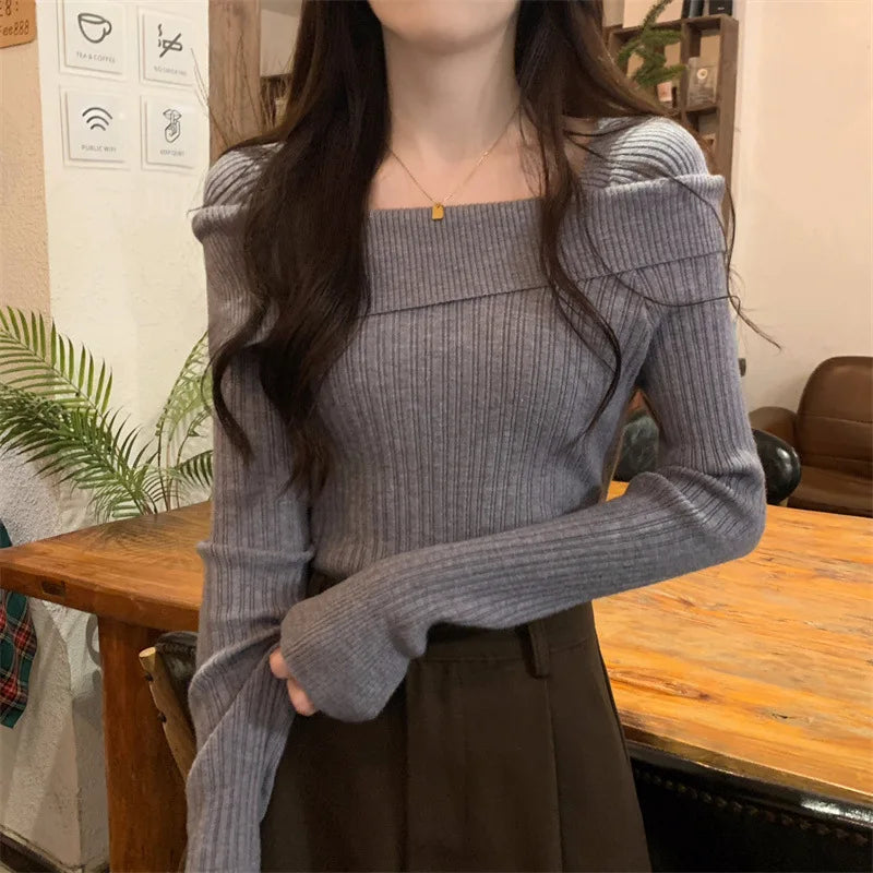 Solid Sexy Slim Off Shoulder Slash Neck Long Sleeve Knitting Sweater Women Jumpers Office Fashion New - Matrix Studios