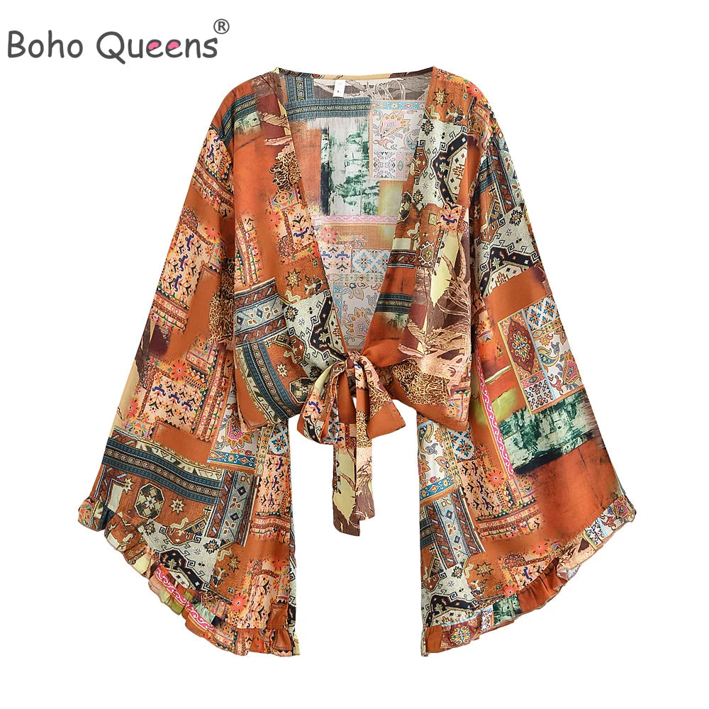 Boho Queens Sun Flower Beach Summer Short Kimono Women 2025 Ruffles Flare Sleeves Vacation Bohemian Bikini Cover-ups - Matrix Studios