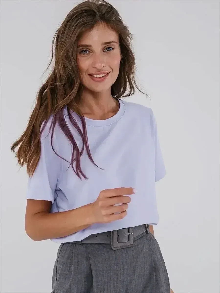 Bornladies Summer 100% Cotton Women's T-shirt Bottoming Basic Fashionable Solid Lady Short Sleeve Loose Tops Shirts 230g/㎡ Tops - Matrix-studios.com