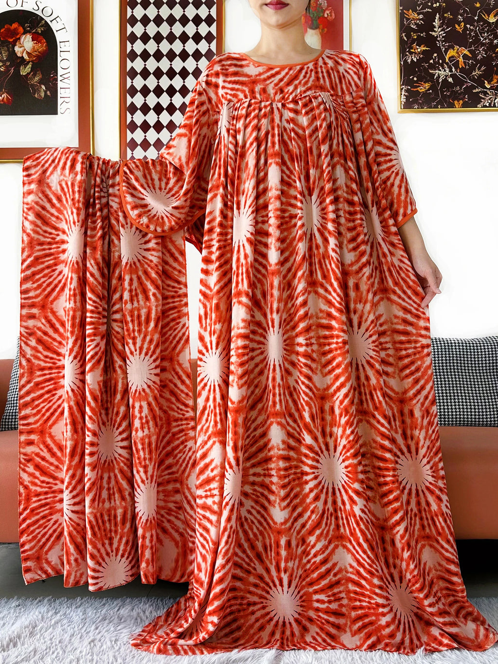 2025 New Loose Floral Dress Short Sleeve Cotton Women Abaya with Big Scarf Boho Maxi Dress Casual Fashion Dress African Vestidos - Matrix-studios.com