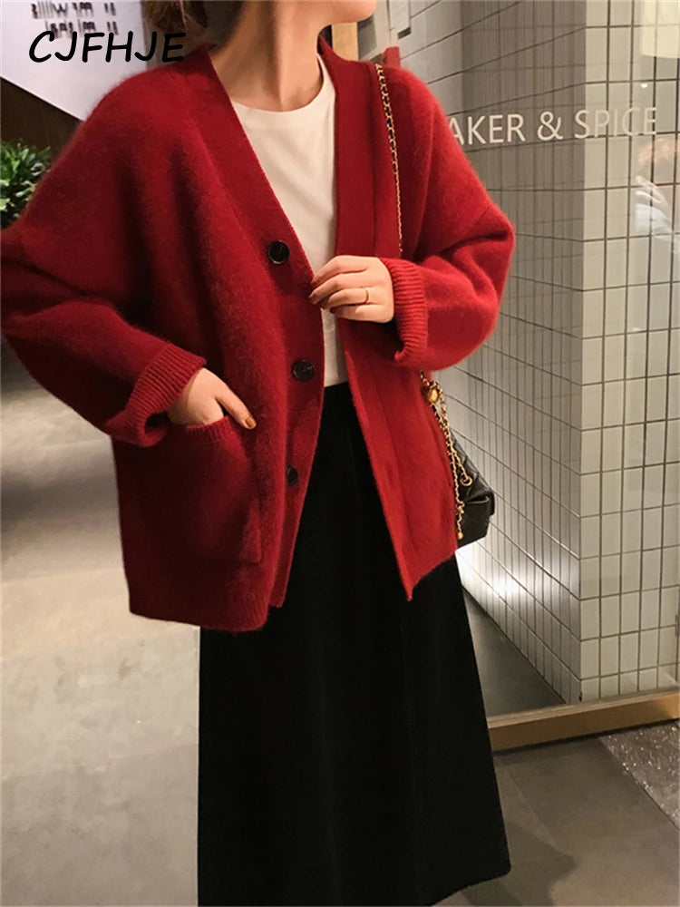 CJFHJE Beige Pockets Knitted Sweater Coats Women Loose Single-breasted V-neck Purple Cardigan Female Autumn Casual Red Cardigans - Matrix Studios